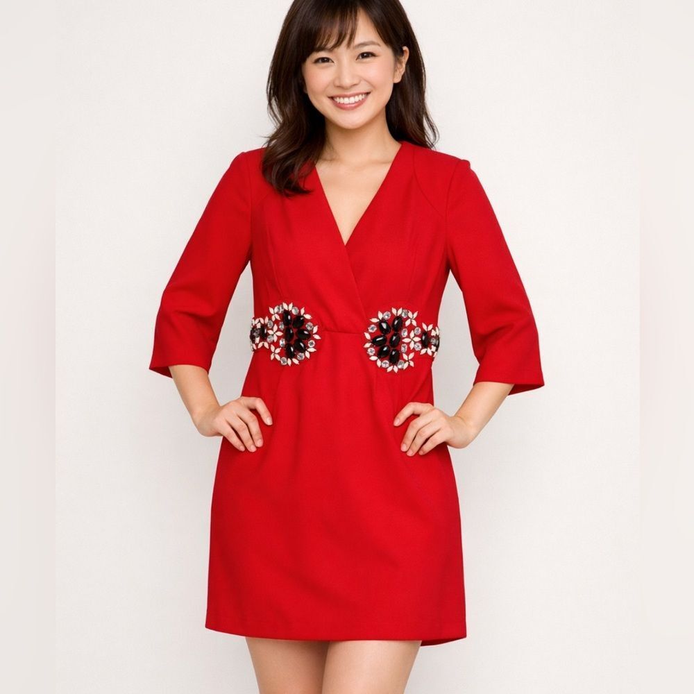KARTA Black/White Embellished Stone Red 3/4 Sleeve Mini Dress Sz S Cocktail
